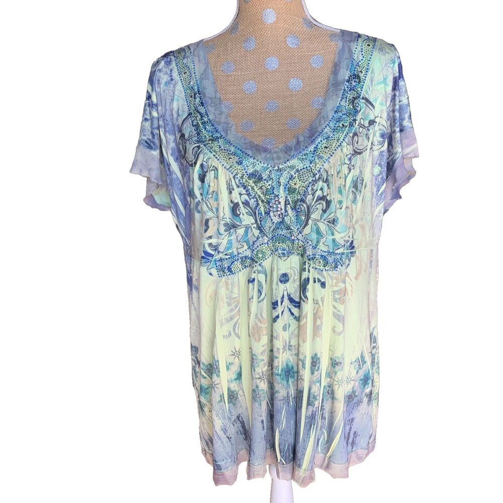 Y2K Women 1X Fairy Paisley Tunic Top Blue Rhinestone V-Neck Plus Size Mesh